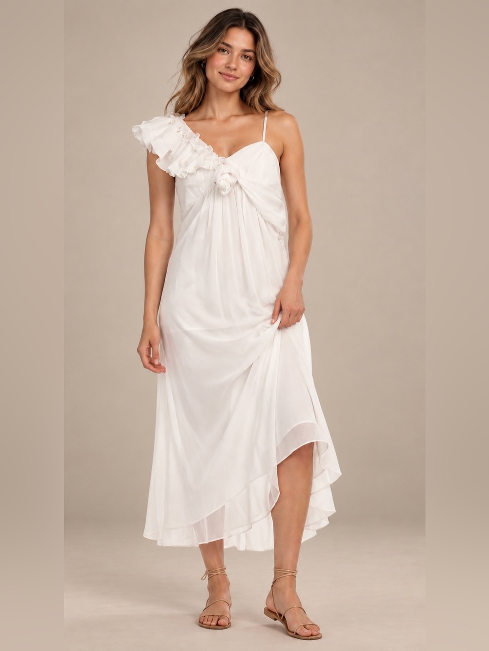 NWT Anthropologie Let Me Be Asymmetric 3D Floral Midi Dress White M